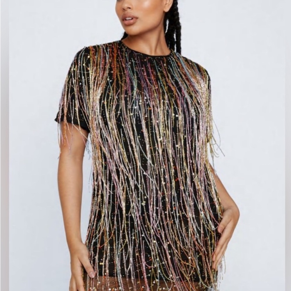 Nasty Gal Black Fringe Beaded Mini Dress Plus Size 22